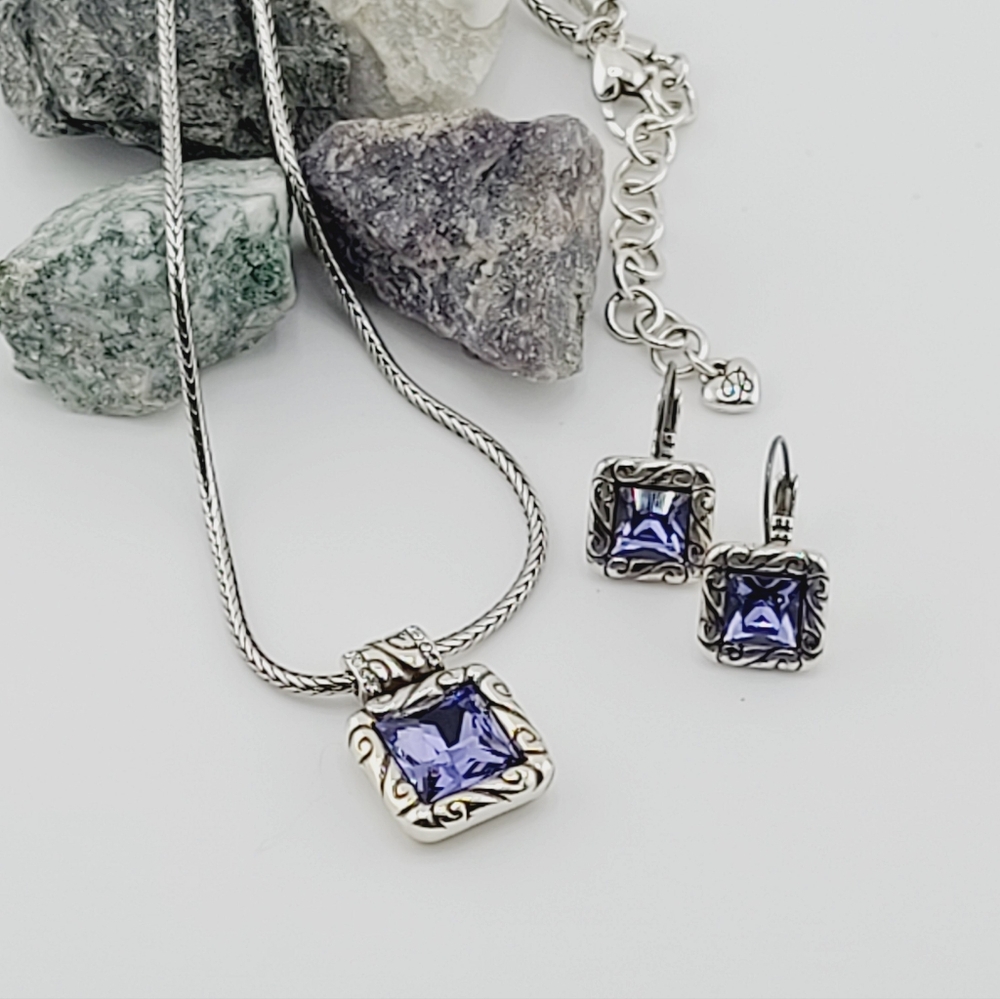 $110 Brighton "REGINA PURPLE" Swarovski Crystal Square Pendant & Leverbacks Set!